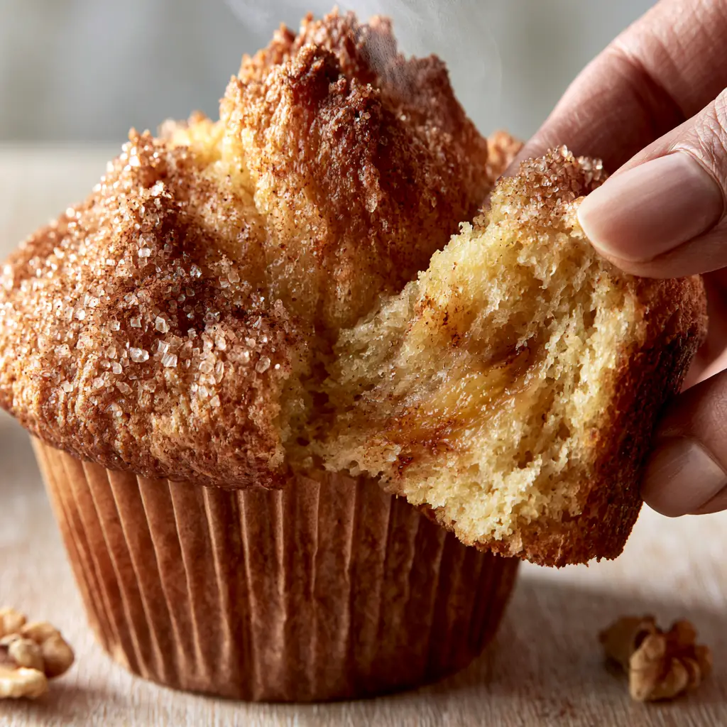 Banana Muffins: The Secret to High-Domed Bakery-Style Perfection 1 Top view of a craggy high-domed banana muffin with scattered walnut halves and coarse sugar crystals.
