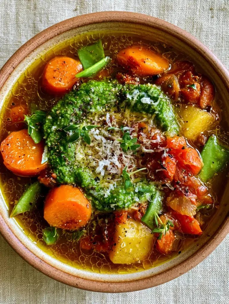 Homemade Vegetable Soup with Pesto and Parmesan 1 Close up of fire-roasted tomatoes and Yukon gold potatoes in a homemade vegetable soup broth.
