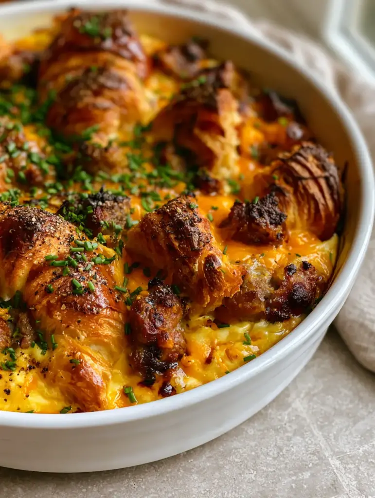 A savory breakfast casserole in a ceramic dish topped with fresh green chives and coarse black pepper.