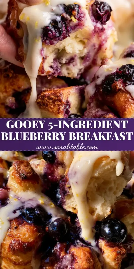 Blueberry Monkey Bread with Zesty Lemon Cream Cheese Glaze 4 A close-up hand pulling a piece of warm Blueberry Monkey Bread with golden-brown dough chunks and indigo blueberry syrup.