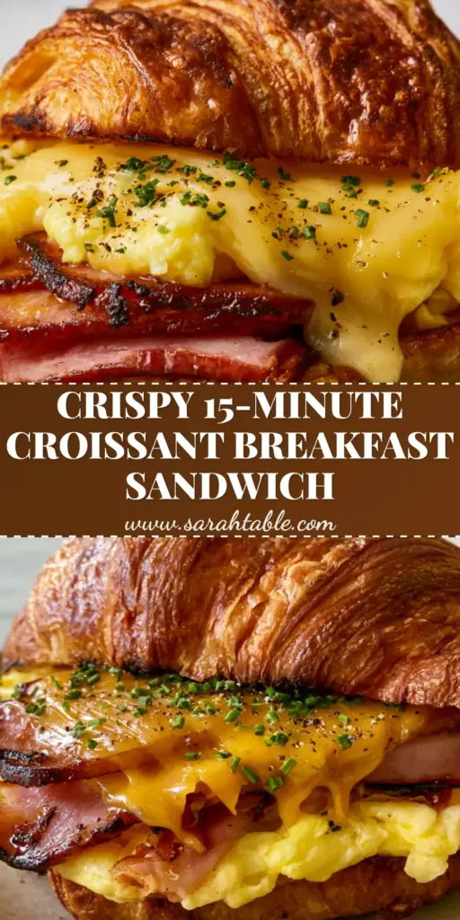 Croissant Breakfast Sandwich with Seared Honey Ham and Fluffy Eggs 4 A close-up of a gourmet croissant breakfast sandwich with dripping cheddar and seared ham. (croissant breakfast sandwich)