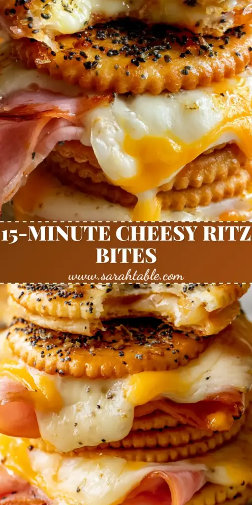 A stack of Ritz Cracker Party Sandwiches on a white plate featuring melted Swiss and cheddar cheese with poppy seed glaze.