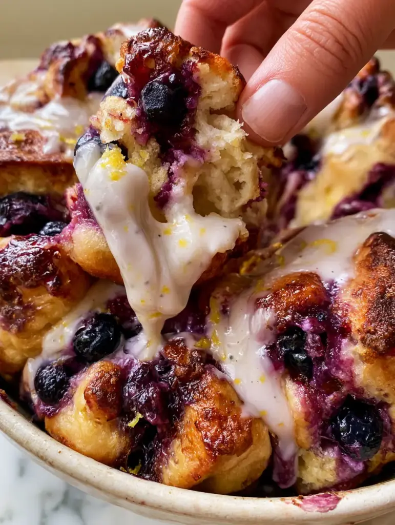Macro close-up of Blueberry Monkey Bread showing caramelized edges and bursting wild blueberries with steam.