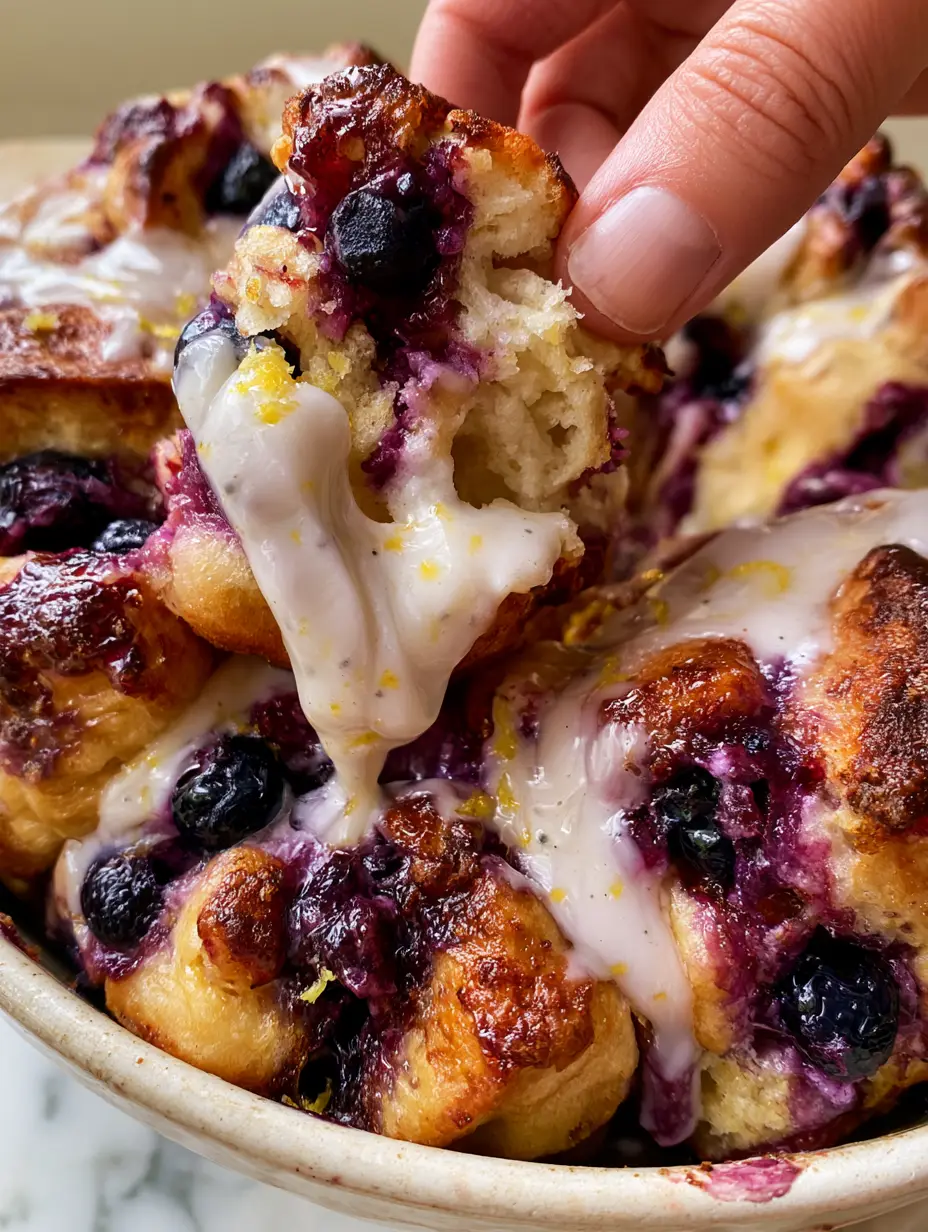 Blueberry Monkey Bread with Zesty Lemon Cream Cheese Glaze 3 Macro close-up of Blueberry Monkey Bread showing caramelized edges and bursting wild blueberries with steam.