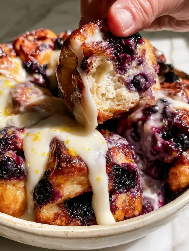 Blueberry Monkey Bread with Zesty Lemon Cream Cheese Glaze 1 Thick glossy white cream cheese glaze with lemon zest specks dripping down a piece of Blueberry Monkey Bread.