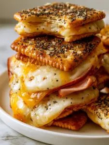 Macro close-up of Ritz Cracker Party Sandwiches with oozing cheese and poppy seeds. (Ritz Cracker Party Sandwiches)