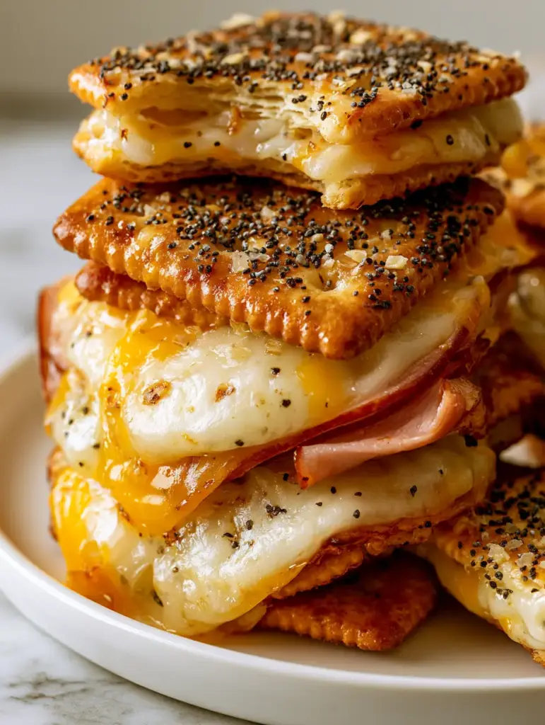 Macro close-up of Ritz Cracker Party Sandwiches with oozing cheese and poppy seeds. (Ritz Cracker Party Sandwiches)