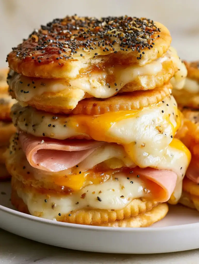 Eye-level view of a stack of buttery ham and cheese Ritz Cracker Party Sandwiches.