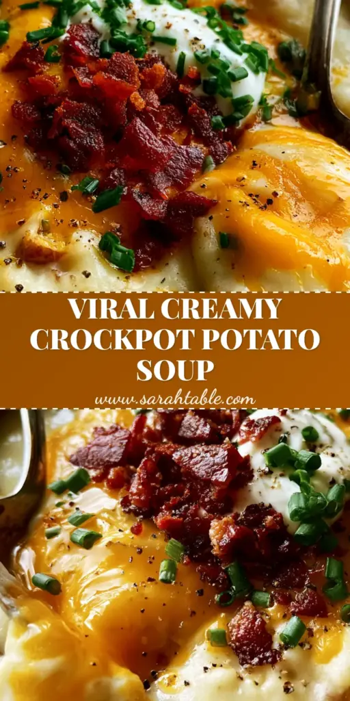 crockpot potato soup: The Creamiest Slow Cooker Recipe 4 A vertical close-up of a rustic bowl of crockpot potato soup topped with melted cheddar, crispy bacon, sour cream, and chives.