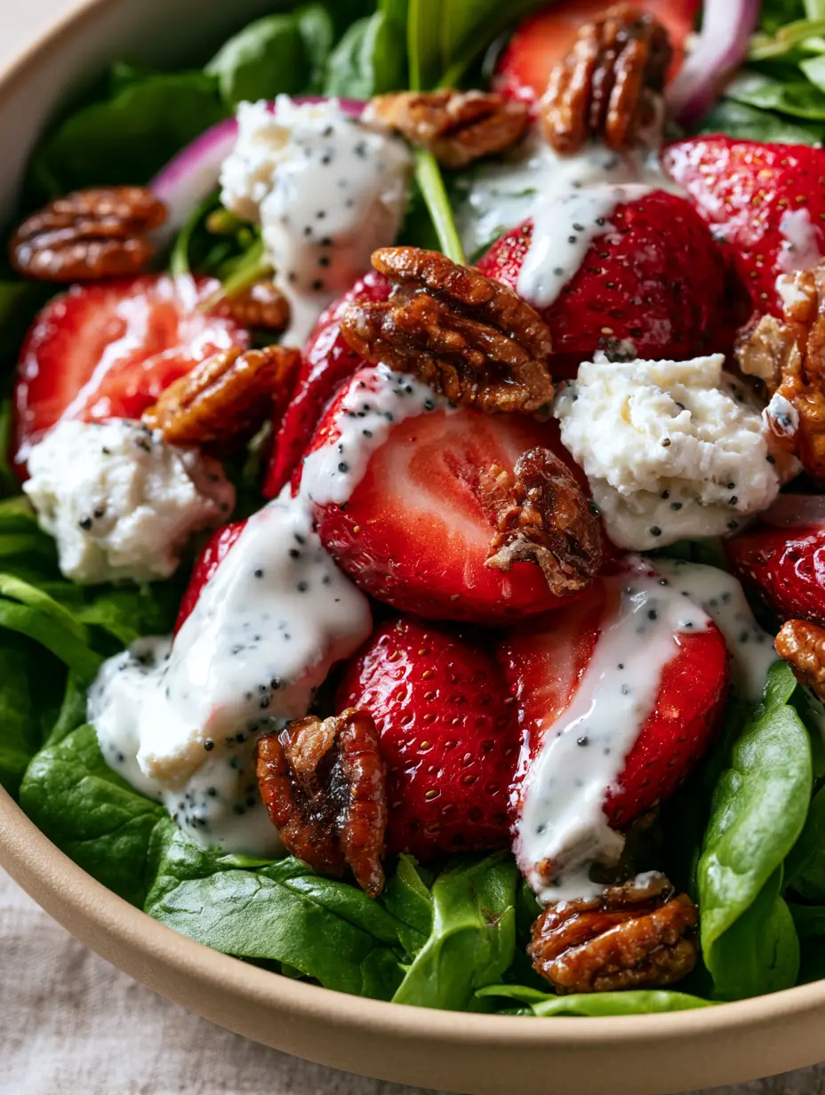 Spinach Salad with Strawberries, Goat Cheese, and Creamy Poppyseed Dressing 3 Top-down view of a vibrant spinach salad featuring sliced strawberries, goat cheese, and honey pecans. (spinach salad)