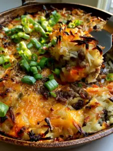 Slicing a piece of hashbrown breakfast casserole from a cast iron skillet, revealing a firm moist interior.