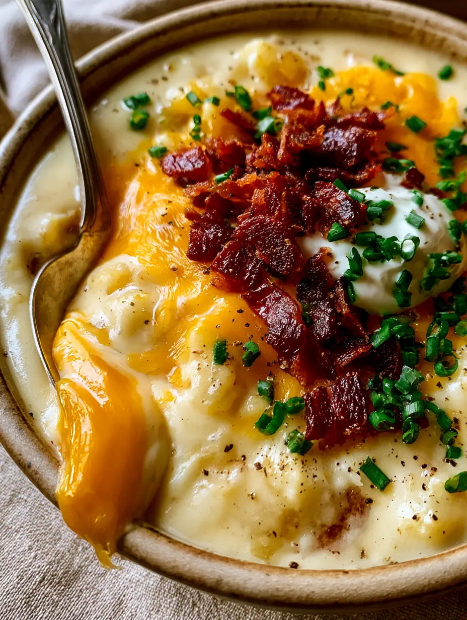 crockpot potato soup: The Creamiest Slow Cooker Recipe 3 Extreme close-up of a silver spoon lifting a ribbon of melted cheese from a bowl of creamy crockpot potato soup.