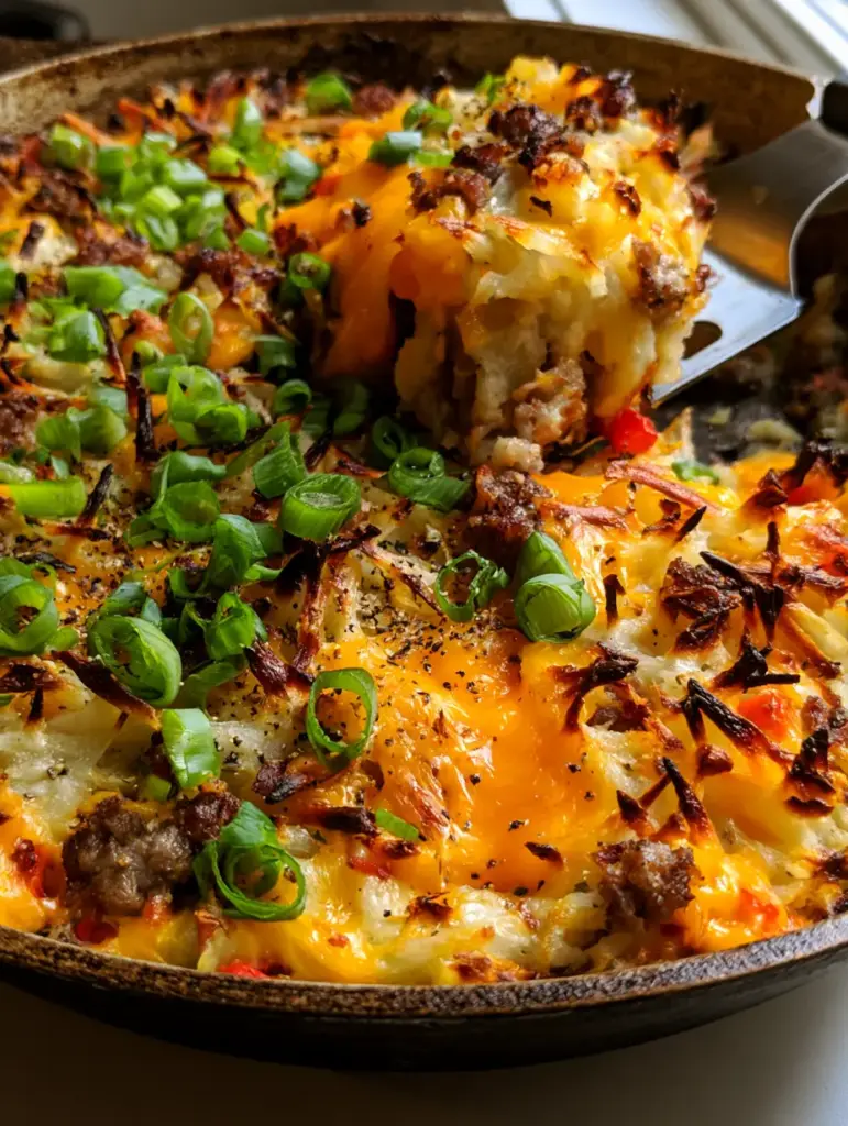 Overhead view of a hashbrown breakfast casserole garnished with green scallions and cracked black pepper.