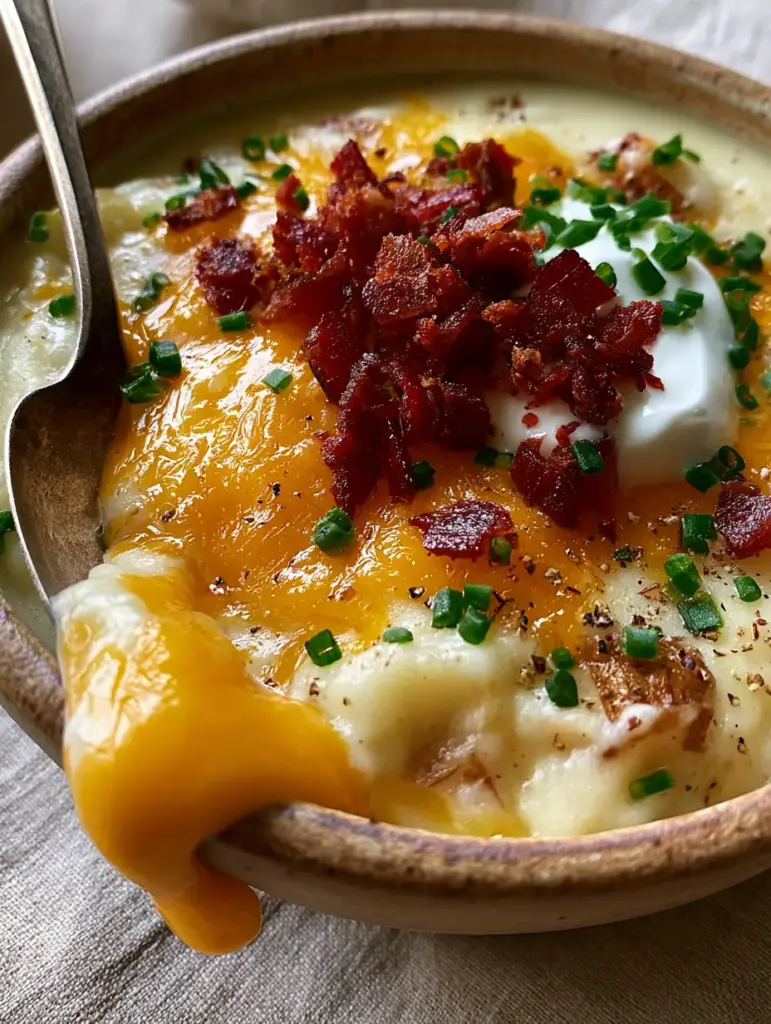 crockpot potato soup: The Creamiest Slow Cooker Recipe 1 Top-down view of loaded crockpot potato soup with vibrant green chives and deep-red bacon bits.