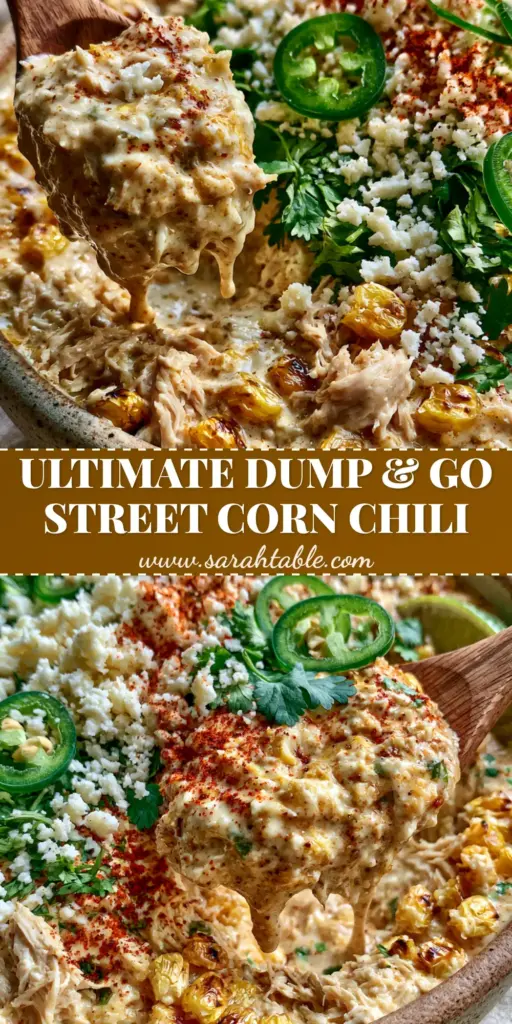 Street Corn Chicken Chili: The Ultimate Creamy Elote-Style Comfort 3 A thick, dripping wooden spoon lifting a scoop of Street Corn Chicken Chili from a rustic bowl garnished with jalapeños and cotija.