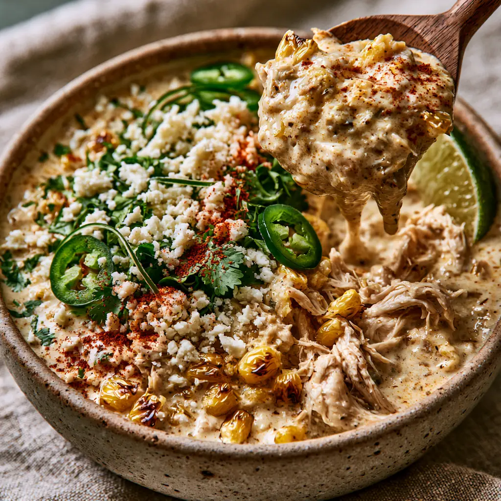 Street Corn Chicken Chili: The Ultimate Creamy Elote-Style Comfort 2 Smartphone photo of Street Corn Chicken Chili in a ceramic bowl with lime and cilantro. (Street Corn Chicken Chili)