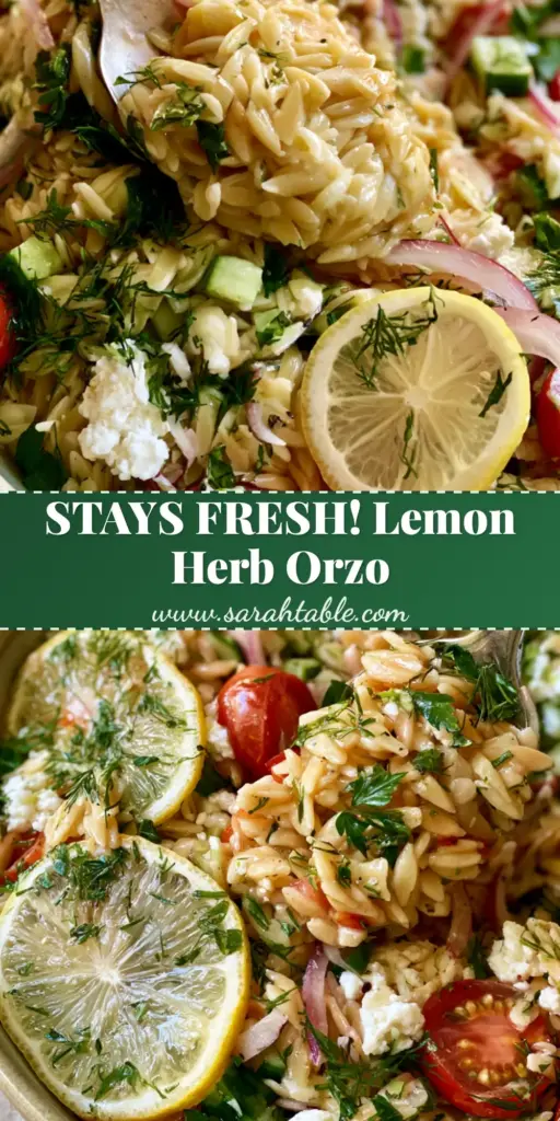 Spring Pasta Salad with Zesty Lemon Garlic Vinaigrette 3 A vertical top-down shot of a vibrant Spring Pasta Salad with orzo, cherry tomatoes, and lemon wheels in a ceramic bowl.