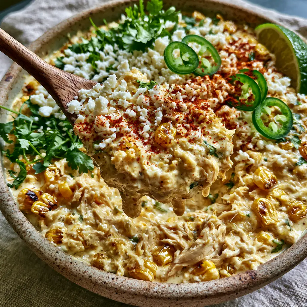Street Corn Chicken Chili: The Ultimate Creamy Elote-Style Comfort 1 Close up view of the thick texture of Street Corn Chicken Chili showing charred corn and shredded chicken.