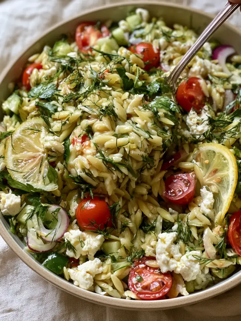 Close-up of glistening orzo pasta in a Spring Pasta Salad garnished with emerald green dill and translucent lemon slices.