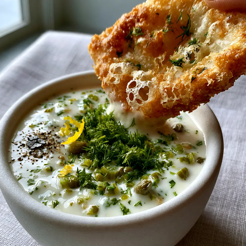 Beer Battered Fish Dipping Sauce: The Ultimate Creamy and Zesty Recipe 2 Extreme close-up of a lacy, airy beer-battered fish piece dipped in a thick, eggshell-white Beer Battered Fish Dipping Sauce.