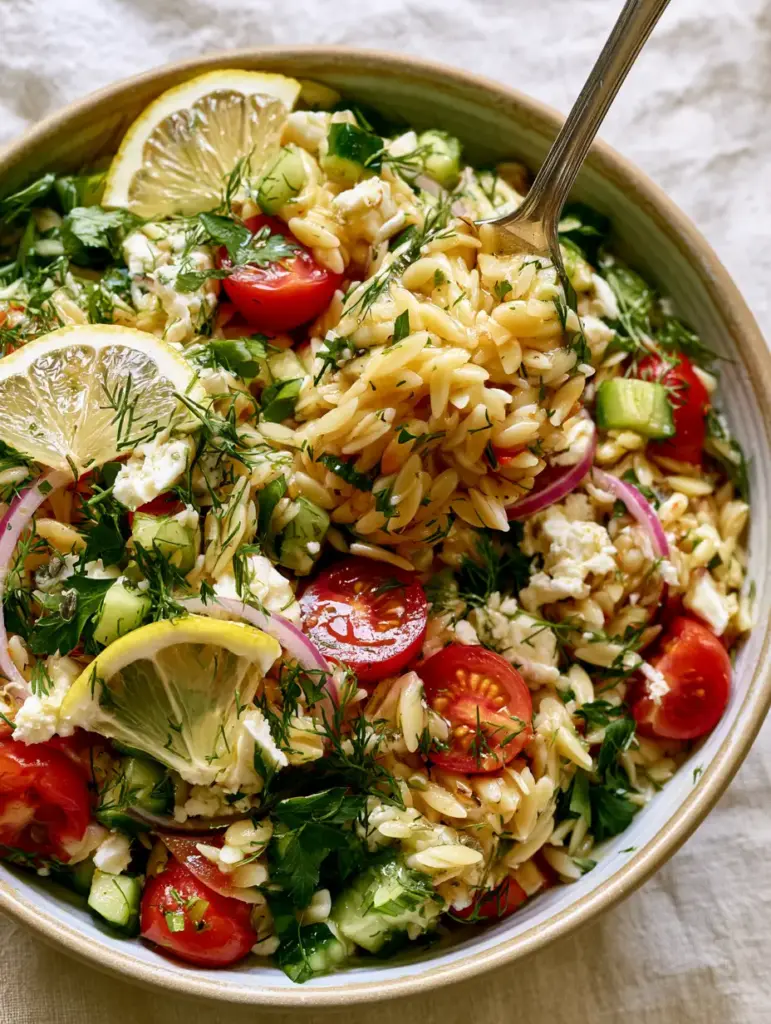 Spring Pasta Salad with Zesty Lemon Garlic Vinaigrette 1 Overhead view of a ceramic bowl filled with Spring Pasta Salad featuring red and yellow heirloom tomatoes and crumbled feta.