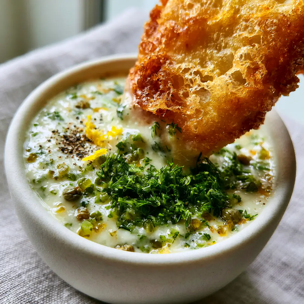 Beer Battered Fish Dipping Sauce: The Ultimate Creamy and Zesty Recipe 1 A matte-white ceramic ramekin filled with glossy Beer Battered Fish Dipping Sauce topped with lemon zest and fresh dill.