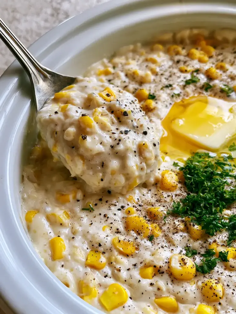 Creamed Corn: The Ultimate Slow Cooker Velvety Side Dish 2 Extreme macro close-up of ivory-colored creamed corn with sweet yellow kernels and vibrant green parsley garnish. (creamed corn)