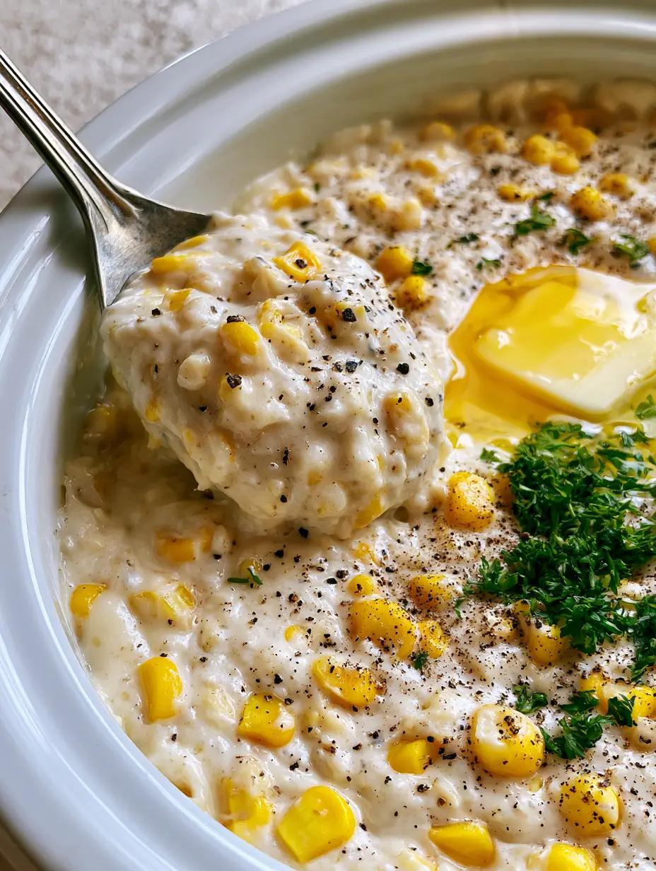 Creamed Corn: The Ultimate Slow Cooker Velvety Side Dish 3 Extreme macro close-up of ivory-colored creamed corn with sweet yellow kernels and vibrant green parsley garnish. (creamed corn)