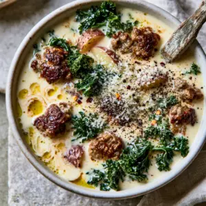 Top-down view of Zuppa Toscana soup recipe in a white bowl with a wooden spoon and heavy cream swirls.