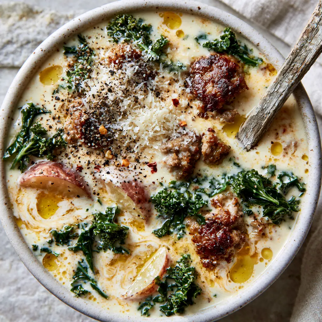 Zuppa Toscana Soup Recipe: The Ultimate Creamy Italian Comfort 1 Close-up of skin-on red potatoes and forest-green kale in Zuppa Toscana soup recipe.