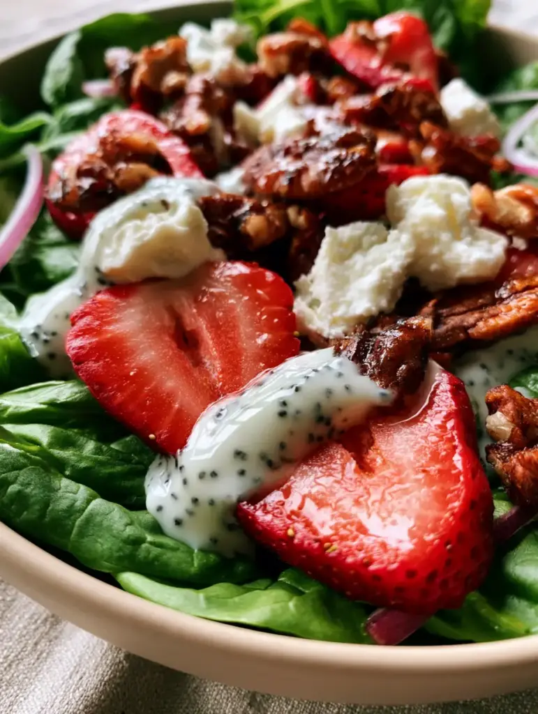 Spinach Salad with Strawberries, Goat Cheese, and Creamy Poppyseed Dressing 1 Close up of creamy poppyseed dressing drizzled over a fresh spinach salad.