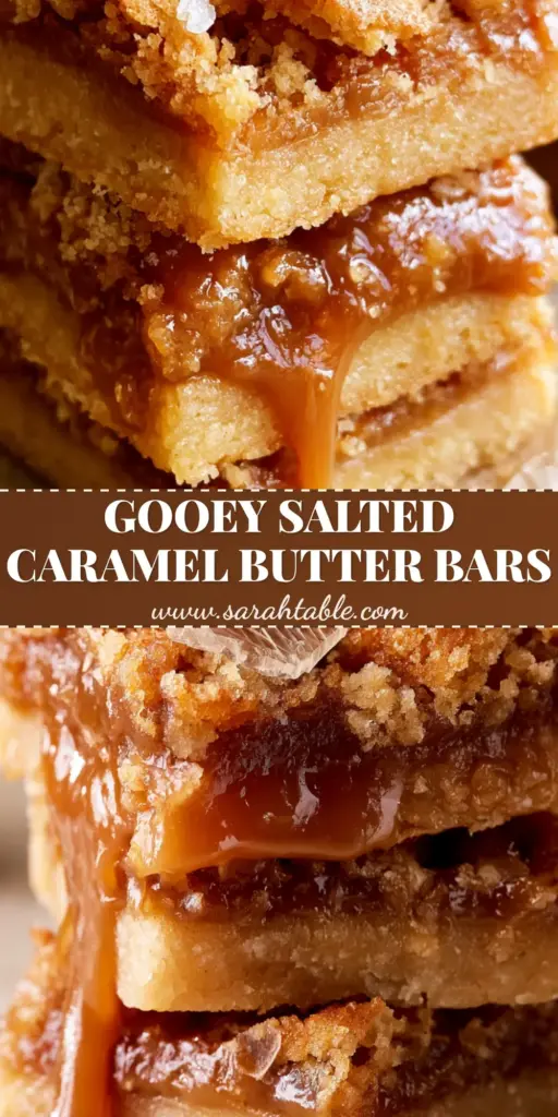 A stack of three thick Salted Caramel Butter Bars with a glistening caramel drip and flaky sea salt on a stone surface.