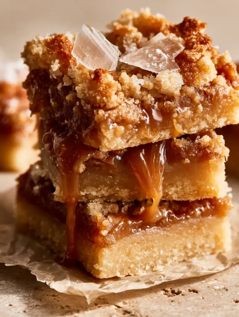 Extreme macro of Salted Caramel Butter Bars showing the sandy shortbread texture and thick amber caramel.
