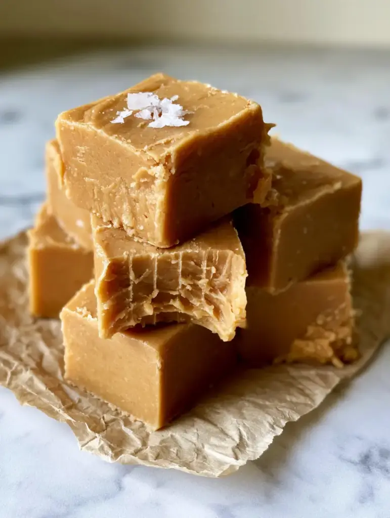 Peanut Butter Fudge: The Ultimate Creamy 5-Ingredient Recipe 1 Stack of matte-finish peanut butter fudge cubes on a marble countertop in natural morning light.