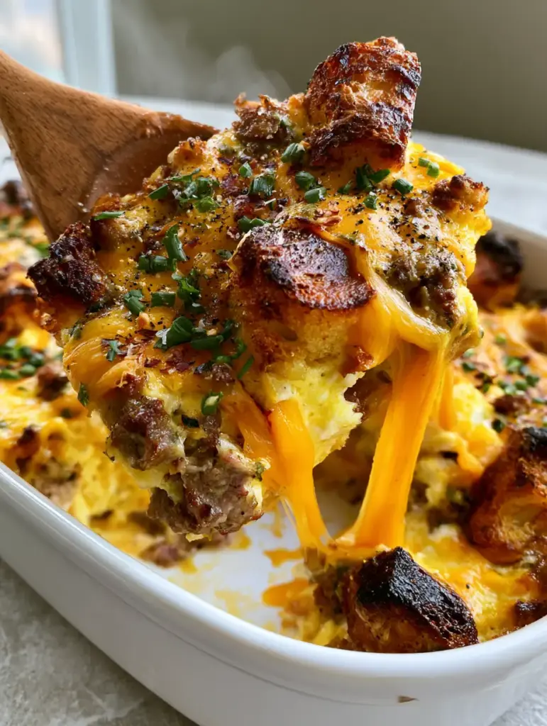 Close up of golden brown sourdough bread cubes and browned sausage in an overnight breakfast casserole.