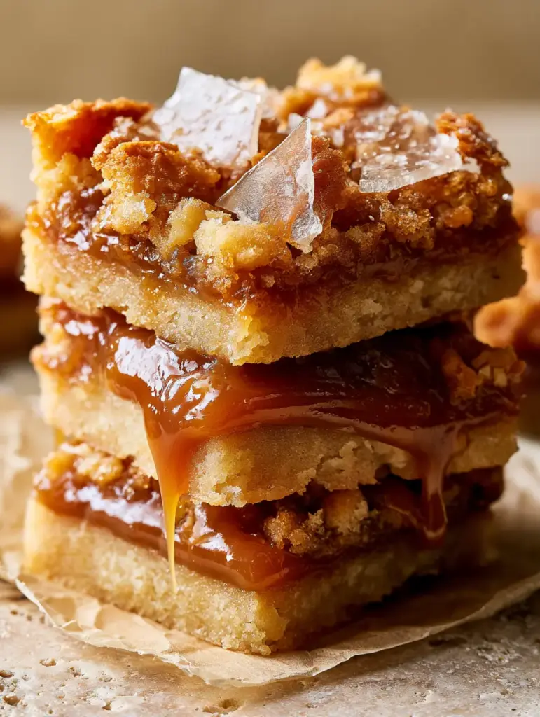 Salted Caramel Butter Bars topped with toasted golden-brown shortbread crumbles and geometric Maldon sea salt flakes.
