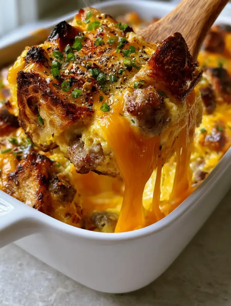 A white ceramic dish filled with overnight breakfast casserole topped with chives and red pepper flakes.