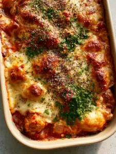 Close up view of seared turkey crumbles under a molten blanket of cheese. (turkey casserole recipes)