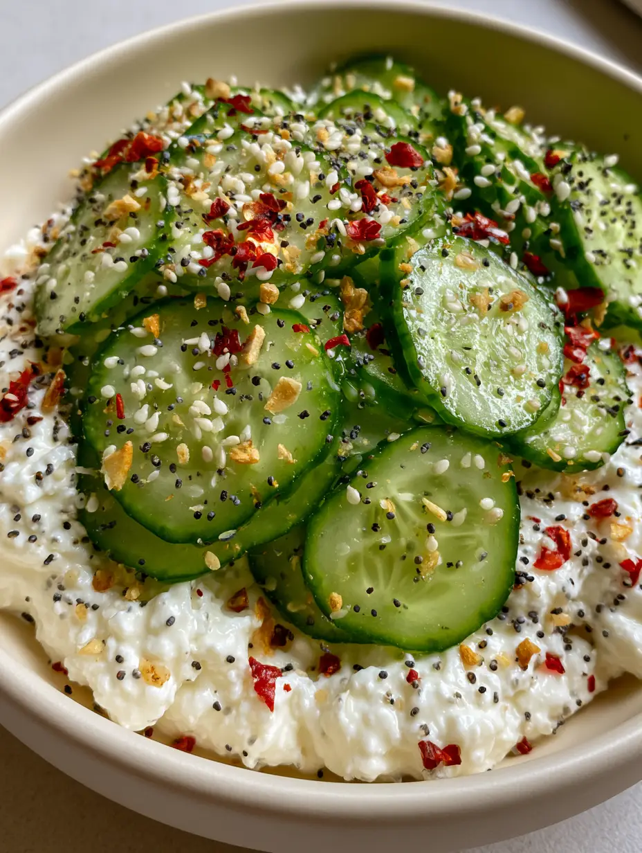 A macro shot of cottage cheese with cucumbers showing the detailed texture of large curds and everything bagel seasoning.