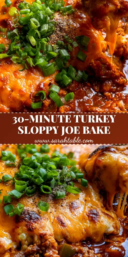 A bubbling Sloppy Joe ground turkey casserole in a cast iron skillet with melted cheddar and scallions. (Sloppy Joe ground turkey casserole)