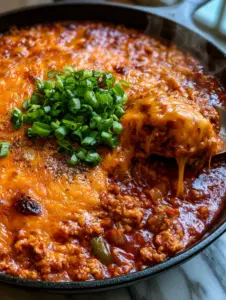 Overhead view of a seared ground turkey casserole with glossy red sauce and blistered cheese. (Sloppy Joe ground turkey casserole)
