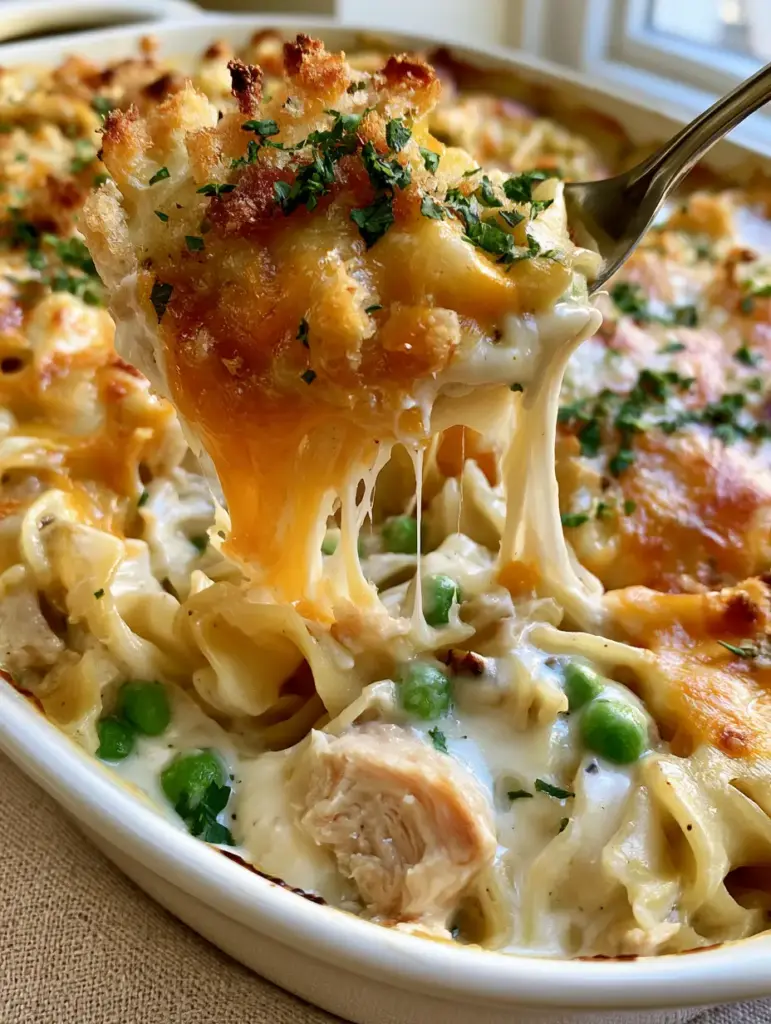 Leftover Turkey Noodle Casserole with a Golden Panko Crust 2 A close-up of a white ceramic dish filled with leftover turkey noodle casserole, topped with melted cheese and fresh parsley.