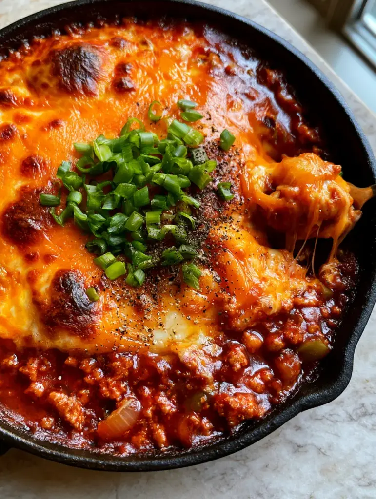 Close up of a spoon lifting a portion of bubbling cheesy turkey casserole showing the cheese pull.