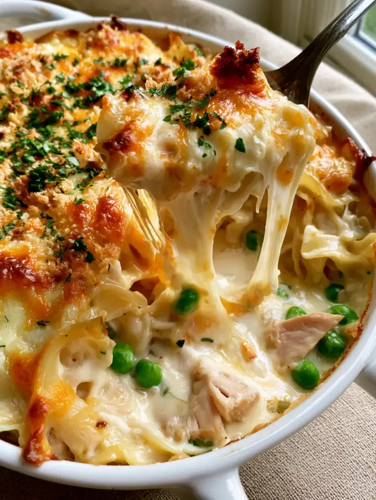 Leftover Turkey Noodle Casserole with a Golden Panko Crust 1 Detail view of wide egg noodles and turkey chunks smothered in a glossy white cream sauce with peas.