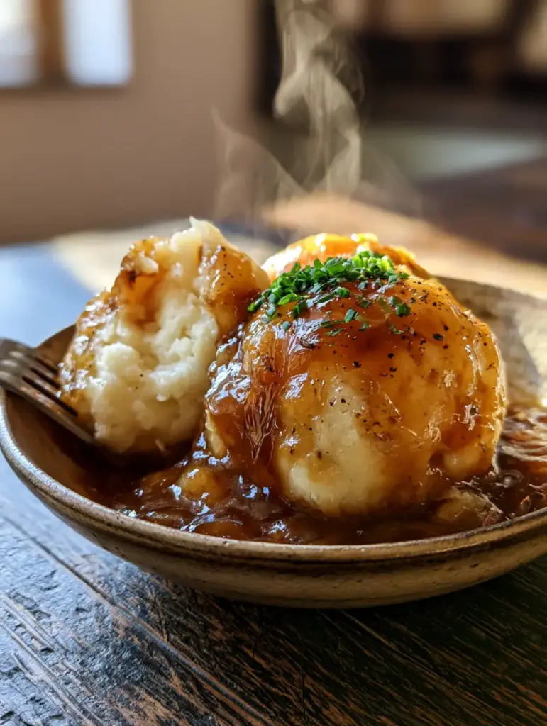 German Potato Dumplings: The Ultimate Guide to Fluffy Kartoffelklöße 2 Close-up of German Potato Dumplings showing the fluffy boiled potato interior and starch-dusted exterior on a weathered wood table.