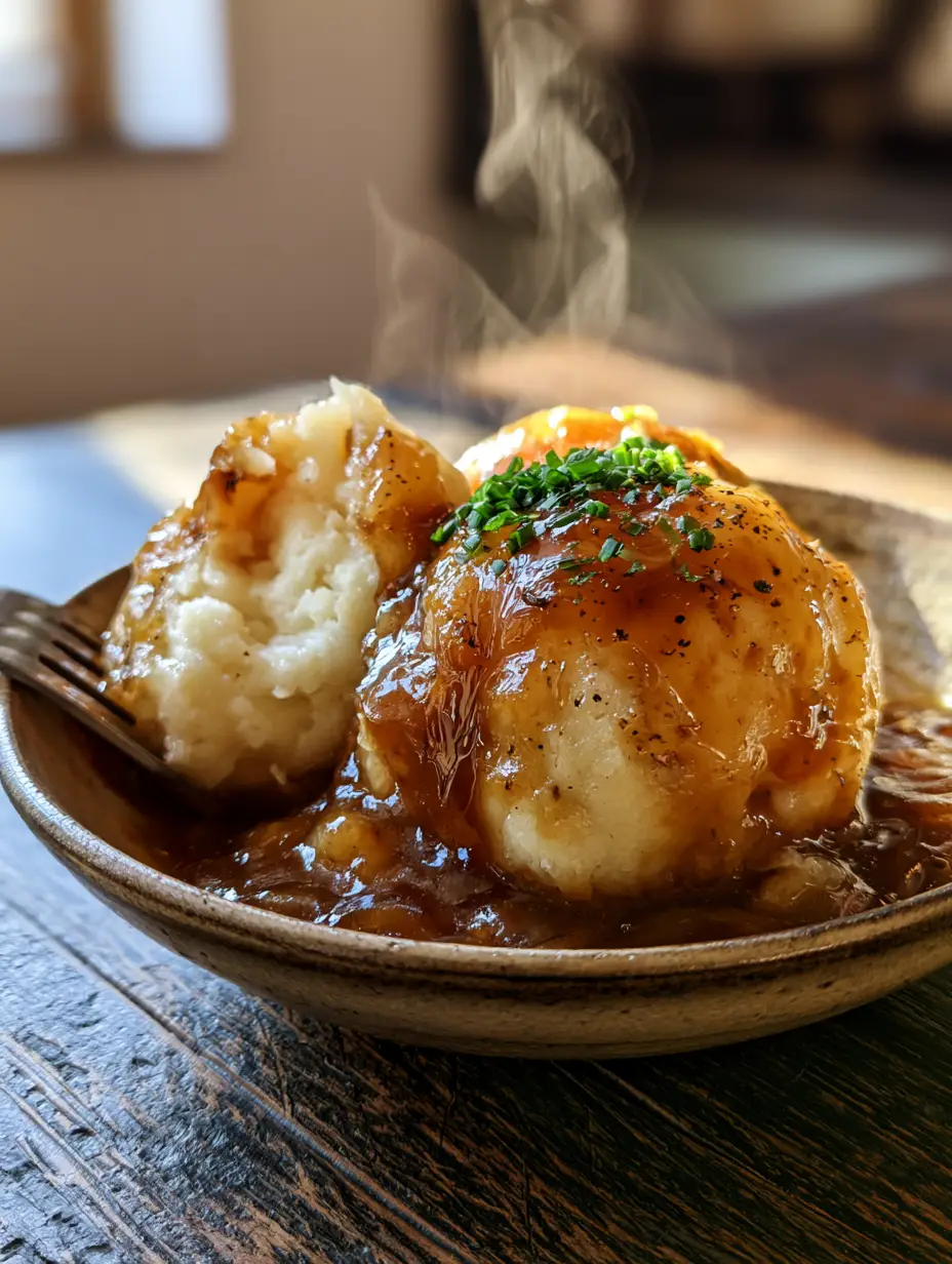 German Potato Dumplings: The Ultimate Guide to Fluffy Kartoffelklöße 4 Close-up of German Potato Dumplings showing the fluffy boiled potato interior and starch-dusted exterior on a weathered wood table.