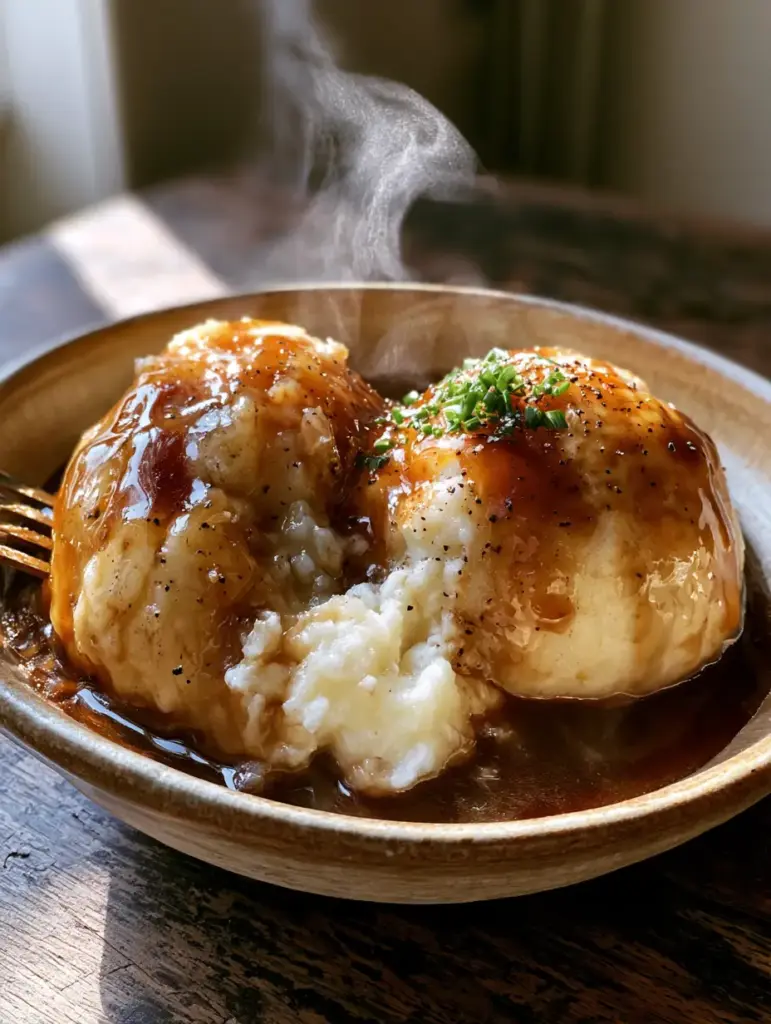 German Potato Dumplings: The Ultimate Guide to Fluffy Kartoffelklöße 1 German Potato Dumplings ladled with deep amber-brown glossy onion gravy in a rustic ceramic bowl.
