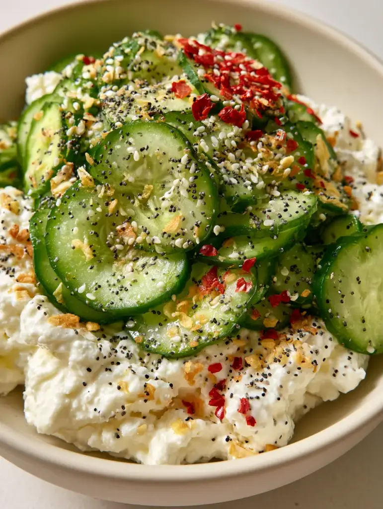 A top-down view of a modern cream bowl filled with cottage cheese with cucumbers and heavy seasoning.