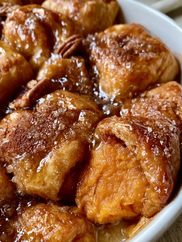Extreme close-up of Sweet Potato Dumplings showing the flaky crescent dough and thick bubbling amber cinnamon-butter syrup.