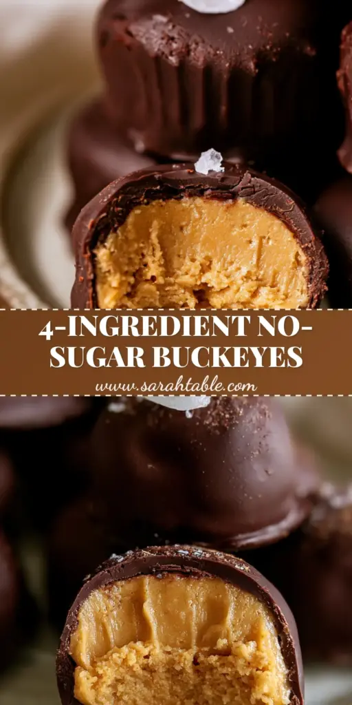 A stack of Healthy Buckeyes on a rustic plate with one in the foreground showing a clean bite, revealing a creamy golden-tan peanut butter interior and a dark semi-matte chocolate shell with flaky sea salt. (Healthy Buckeyes Recipe)